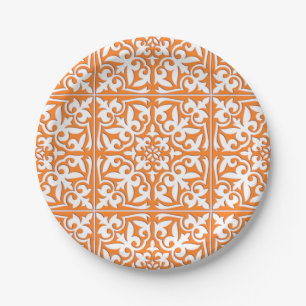 Moroccan tile - coral orange and white paper plate