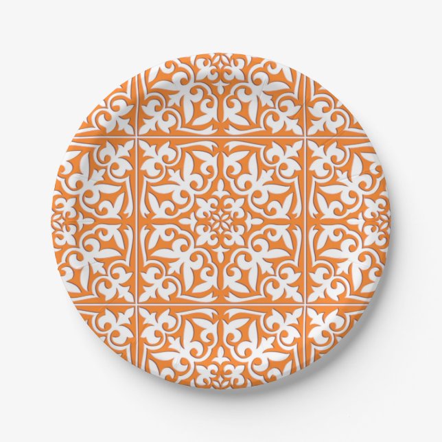 Moroccan tile - coral orange and white paper plate (Front)