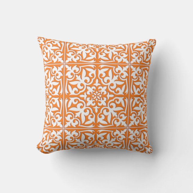 Moroccan tile - coral orange and white throw pillow (Front)