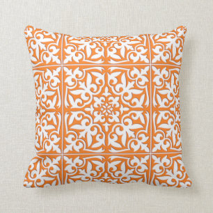Moroccan tile - coral orange and white throw pillow