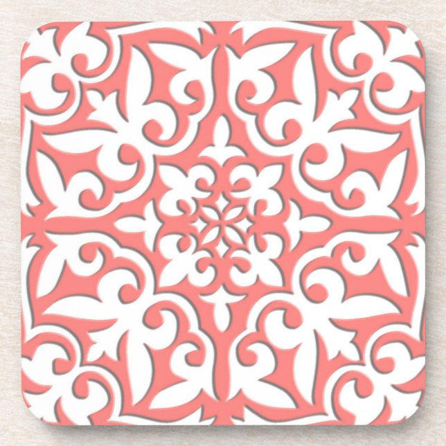 Moroccan tile - coral pink and white coaster (Front)
