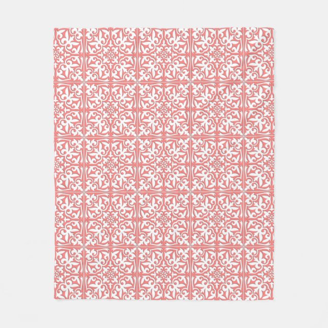 Moroccan tile - coral pink and white fleece blanket (Front)