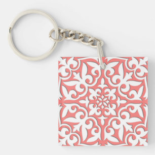 Moroccan tile - coral pink and white keychain