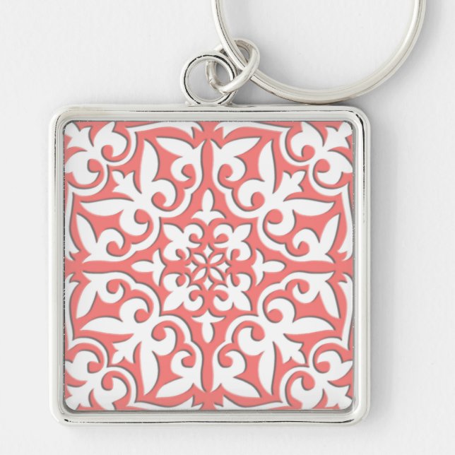 Moroccan tile - coral pink and white keychain (Front)