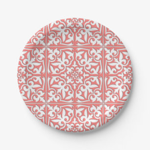 Moroccan tile - coral pink and white paper plate