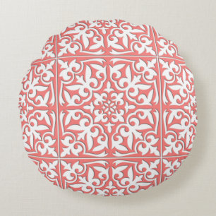 Moroccan tile - coral pink and white round pillow