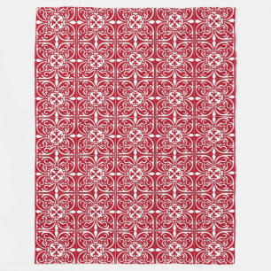 Moroccan tile - dark red and white fleece blanket