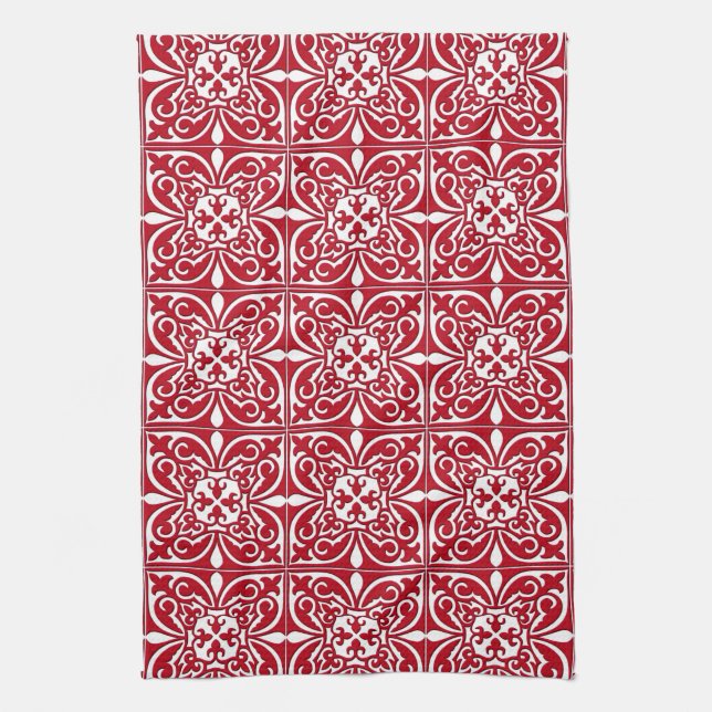 Moroccan tile - dark red and white kitchen towel (Vertical)