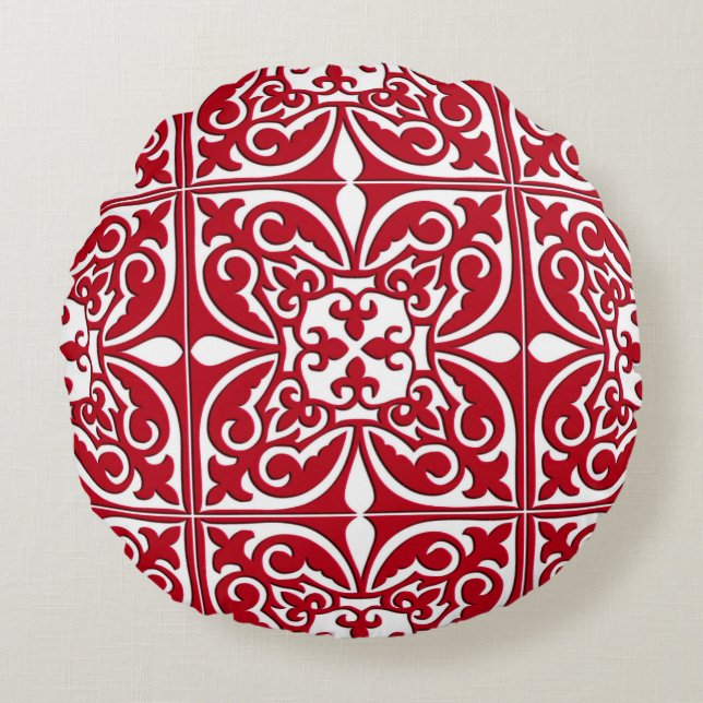 Moroccan tile - dark red and white round pillow (Front)