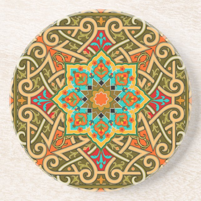 Moroccan Tile Green Gold Blue Coaster (Front)