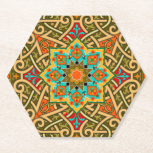 Moroccan Tile Green Gold Blue Paper Coaster