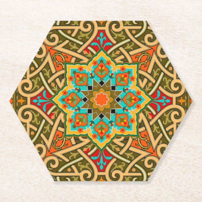 Moroccan Tile Green Gold Blue Paper Coaster (Front)