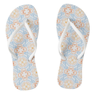 Moroccan tile in blue and orange flip flops