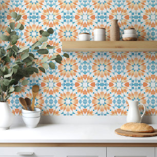 Moroccan tile in blue and orange watercolor