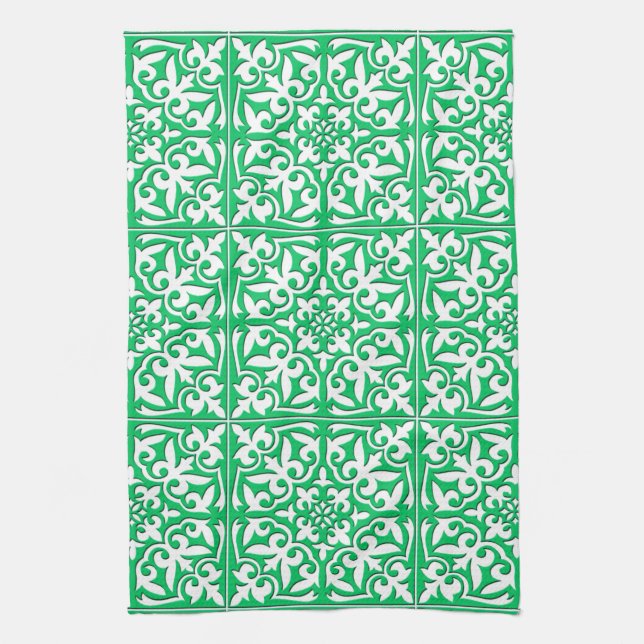 Moroccan tile - jade green and white kitchen towel (Vertical)