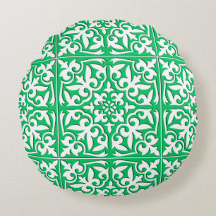 Moroccan tile - jade green and white round pillow