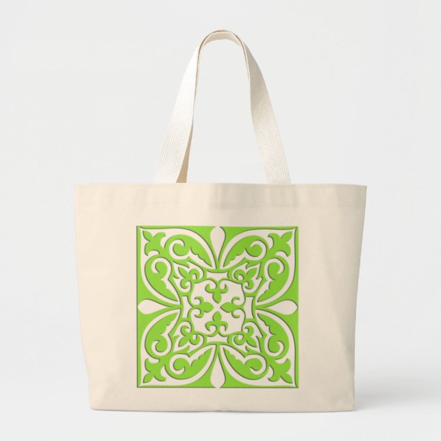 Moroccan tile - lime green and white large tote bag (Front)