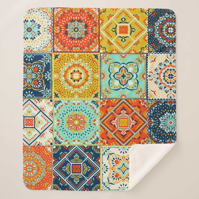 Moroccan tile mosaic illustration pattern sherpa blanket (Front)