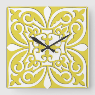 Moroccan tile - mustard yellow and white square wall clock
