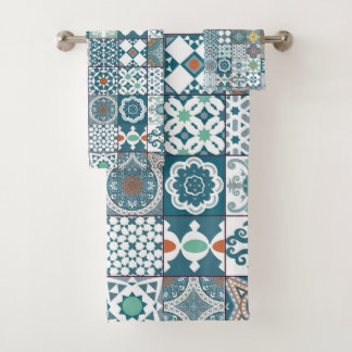 Moroccan tile-orange and light turquoise bath towel set