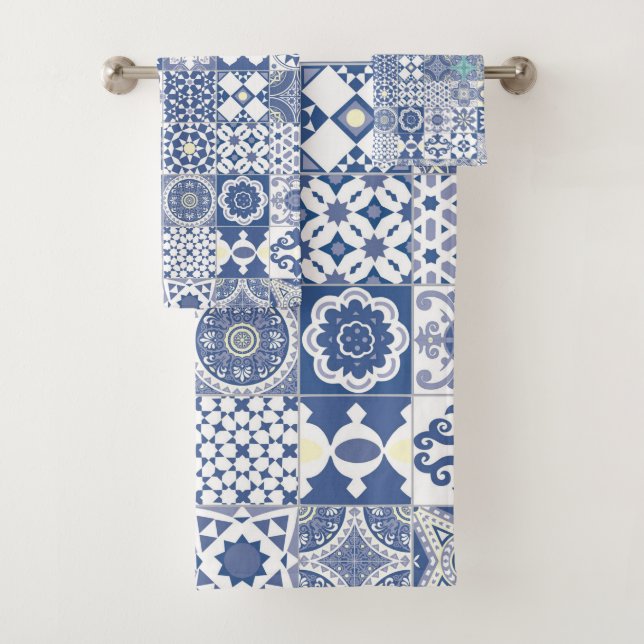 Moroccan tile pastel blue bath towel set (Insitu)