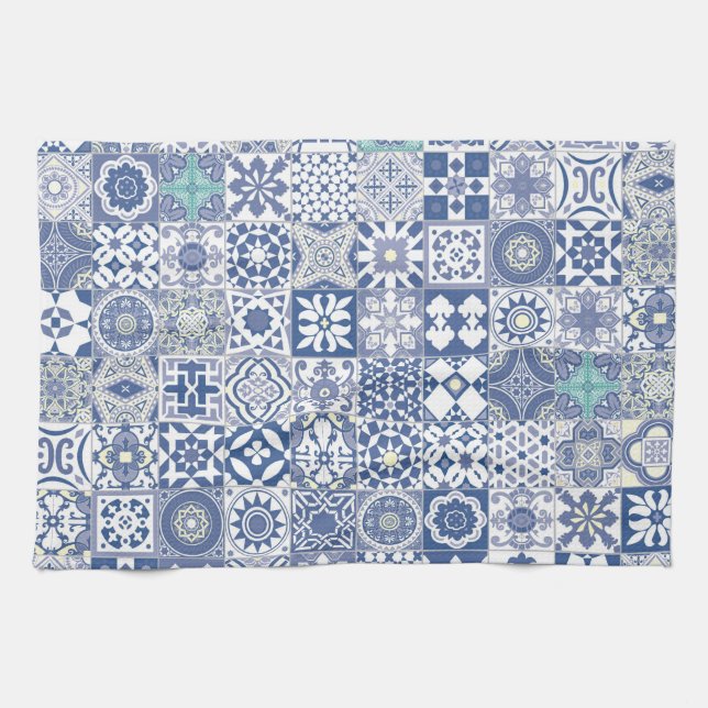 Moroccan tile pastel blue kitchen towel (Horizontal)
