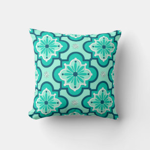 Moroccan Tile Pattern, Aqua and Turquoise Throw Pillow