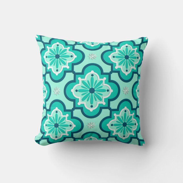 Moroccan Tile Pattern, Aqua and Turquoise Throw Pillow (Front)