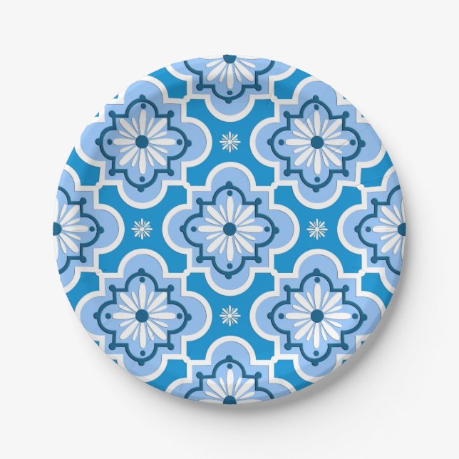 Moroccan tile pattern - Blue and White Paper Plate (Front)