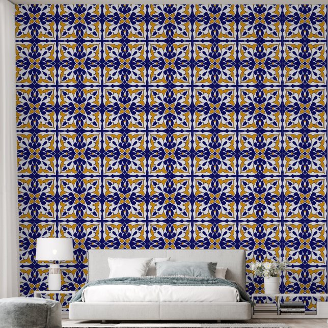 Moroccan Tile Pattern Blue Yellow Shaped Bohemian Wallpaper (Bedroom)