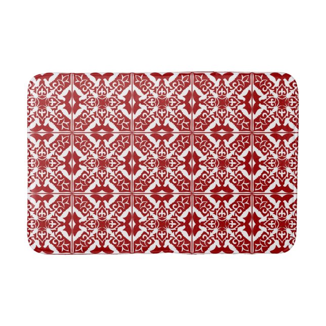 Moroccan Tile Pattern, Deep Red and White  Bath Mat (Front)