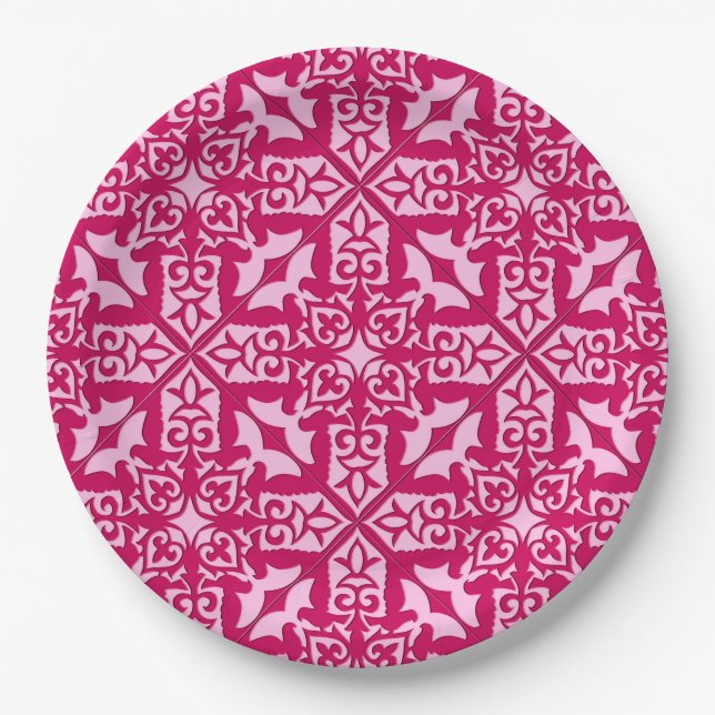 Moroccan Tile Pattern, Fuchsia and Pastel Pink Paper Plate (Front)