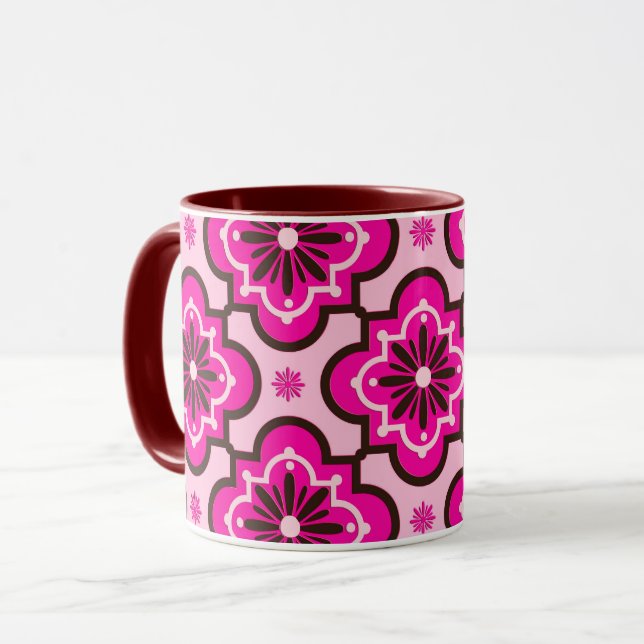 Moroccan Tile Pattern, Fuchsia Pink and Black Mug (Front Left)