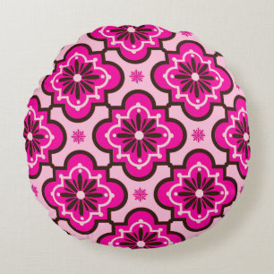 Moroccan Tile Pattern, Fuchsia Pink and Black Round Pillow
