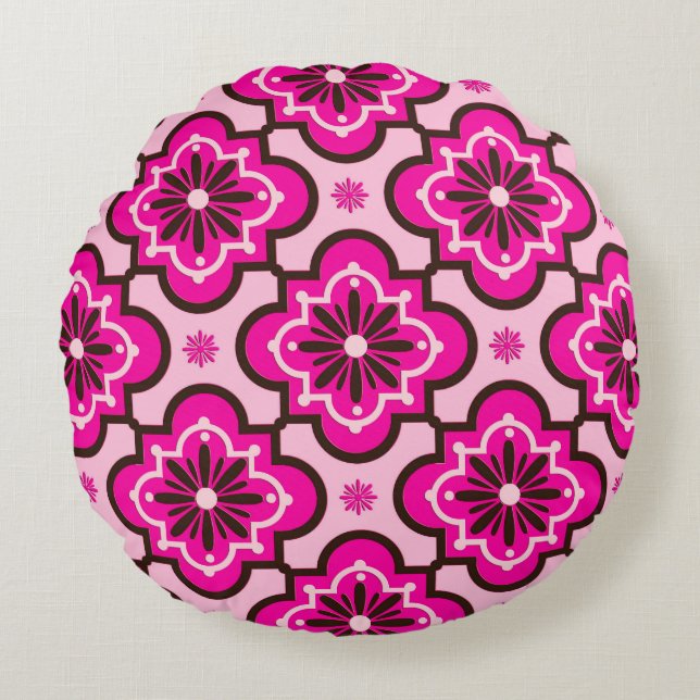Moroccan Tile Pattern, Fuchsia Pink and Black Round Pillow (Front)