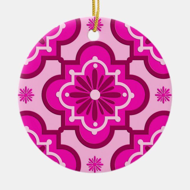 Moroccan tile pattern - Fuchsia Pink Ceramic Ornament (Front)