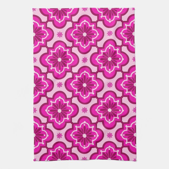 Moroccan tile pattern - Fuchsia Pink Kitchen Towel (Vertical)