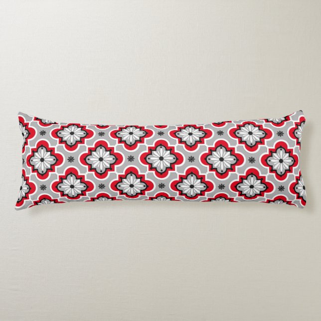 Moroccan tile pattern - Grey and Red Body Pillow (Front)