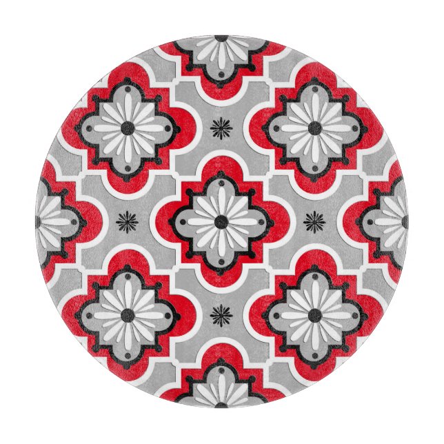 Moroccan tile pattern - Grey and Red Cutting Board (Front)
