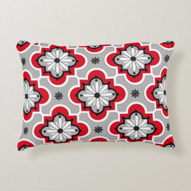 Moroccan tile pattern - Grey and Red Decorative Pillow (Front)