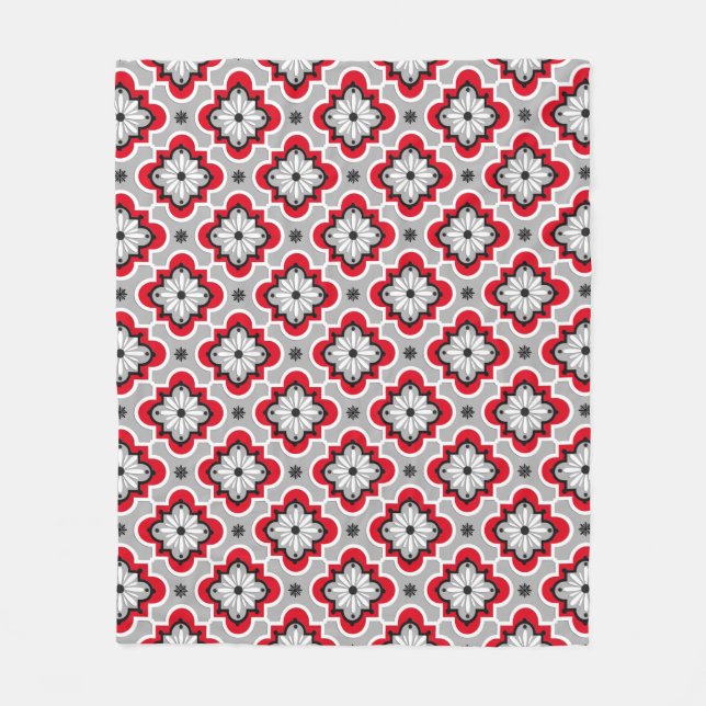 Moroccan tile pattern - Grey and Red Fleece Blanket (Front)