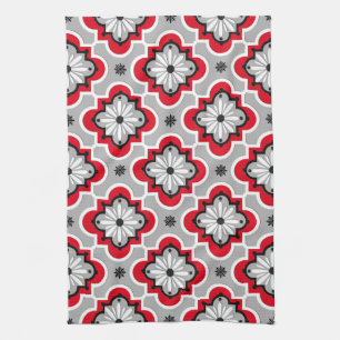 Moroccan tile pattern - Grey and Red Kitchen Towel