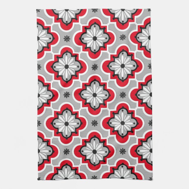 Moroccan tile pattern - Grey and Red Kitchen Towel (Vertical)