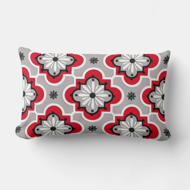 Moroccan tile pattern - Grey and Red Lumbar Pillow (Front)