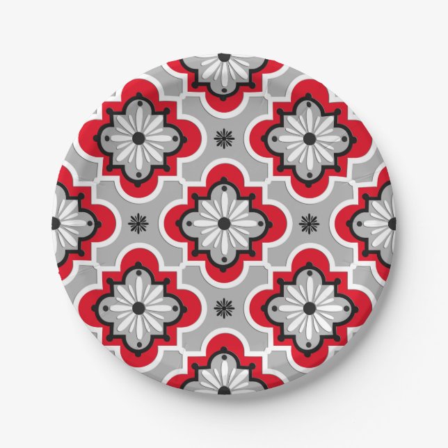 Moroccan tile pattern - Grey and Red Paper Plate (Front)