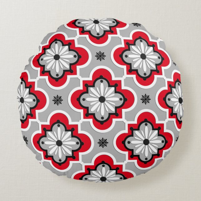 Moroccan tile pattern - Grey and Red Round Pillow (Front)