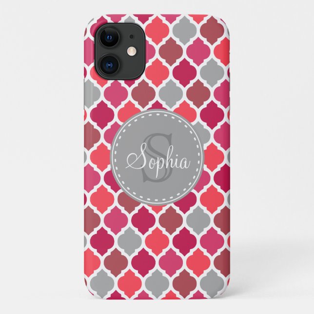 Moroccan Tile Pattern Monogram Stylish Pink Grey Case-Mate iPhone Case (Back)
