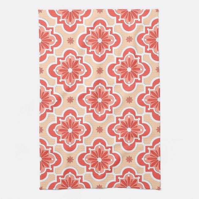 Moroccan tile pattern - Shades of Coral Orange Kitchen Towel (Vertical)