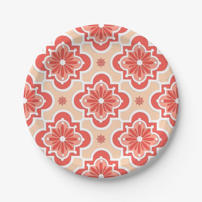 Moroccan tile pattern - Shades of Coral Orange Paper Plate (Front)