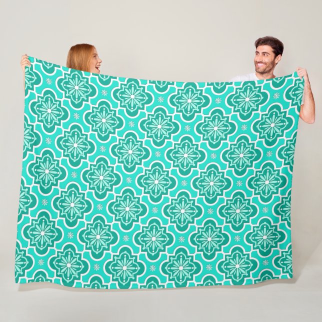 Moroccan tile pattern - Turquoise and Aqua Fleece Blanket (In Situ)